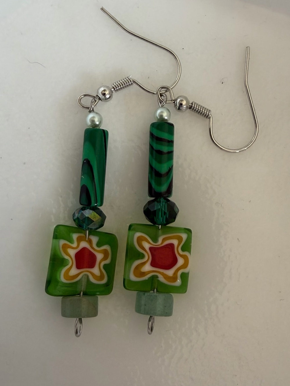 Green Floral Glass Drop Earrings - Unbranded